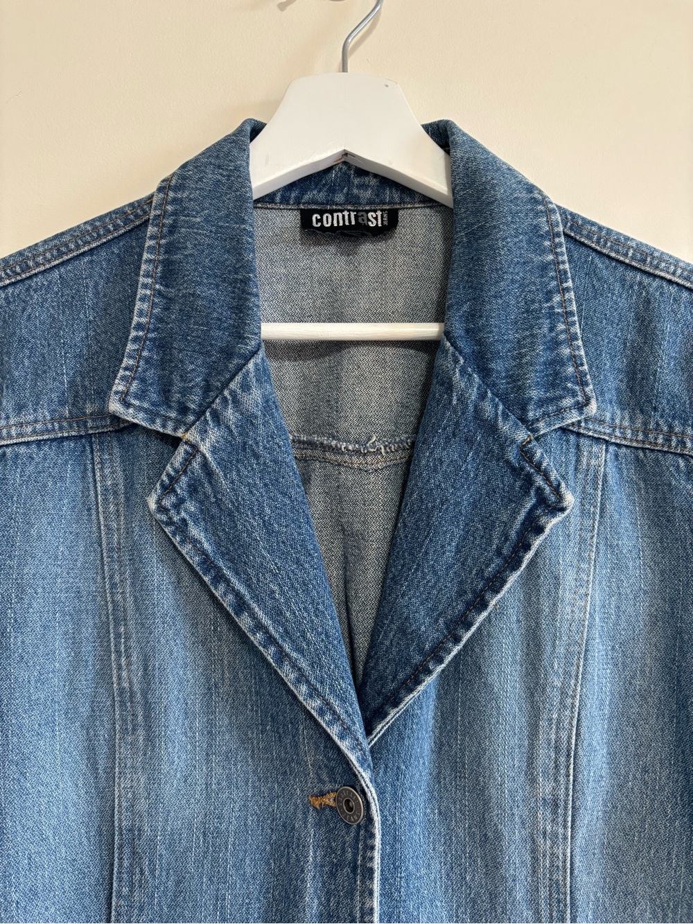 Contrast Jeans Denim Duster Trench Coat Long Jacket Y2K | Size L - Picture 2 of 5